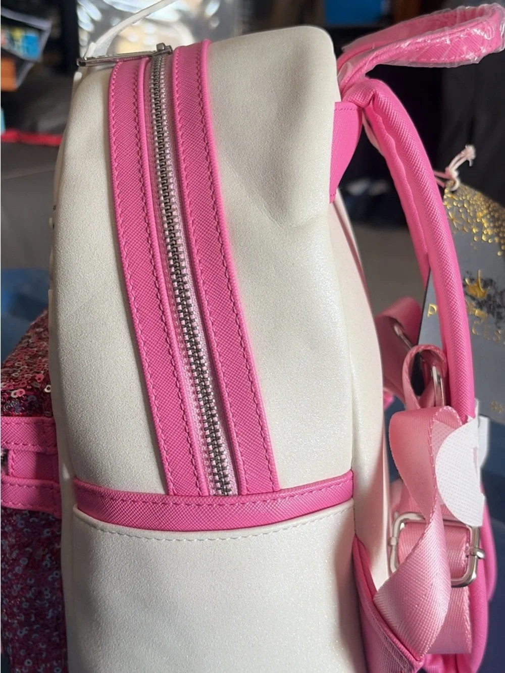 Loungefly White and Hot Pink Sequin Castle Mini Backpack